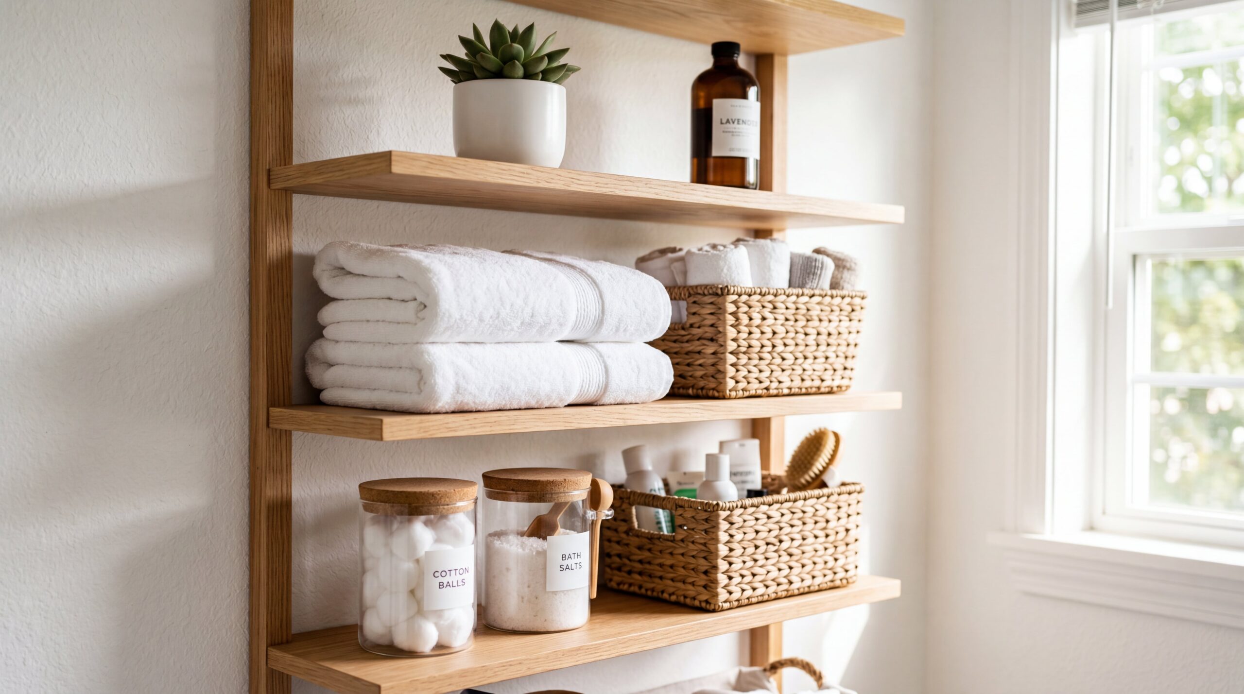 Minimalist bathroom storage with open wooden shelves, neatly organized white towels, woven baskets, glass jars, and small plants