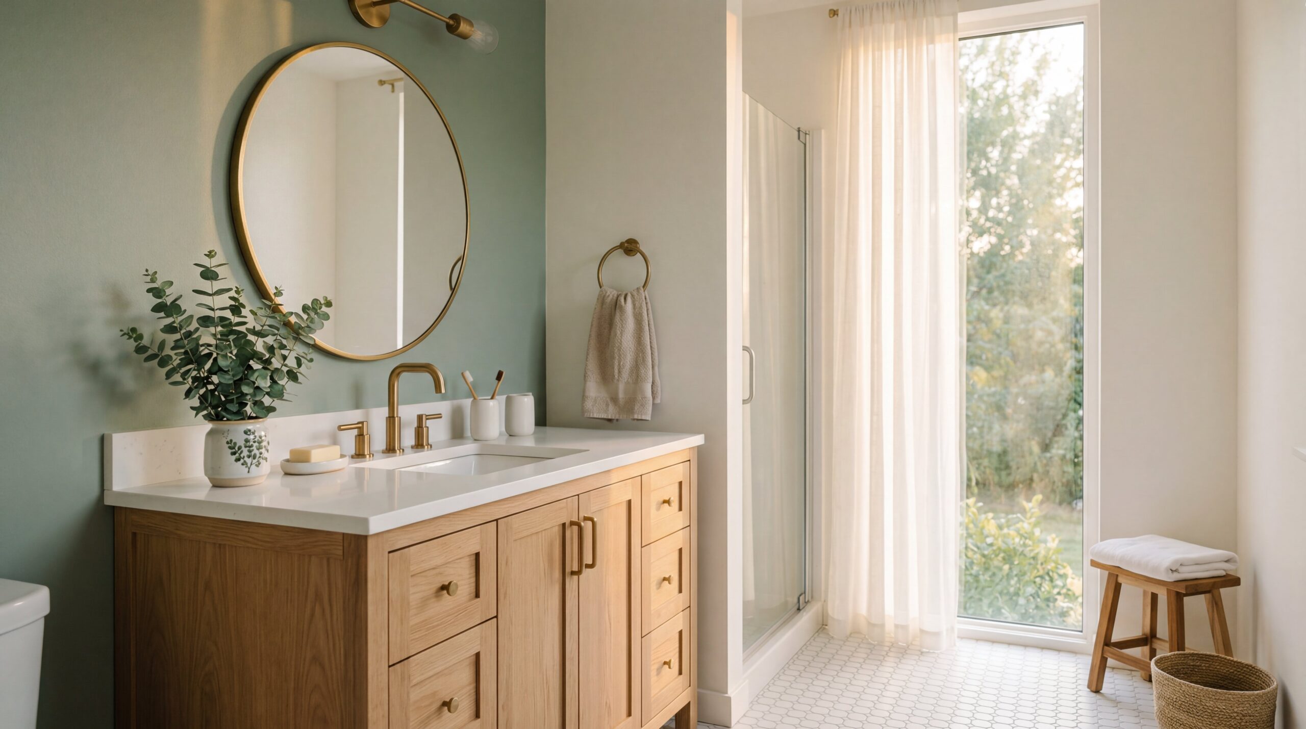 Scandinavian minimalist bathroom with sage green accent wall, natural oak vanity, round brass mirror, and bright natural light