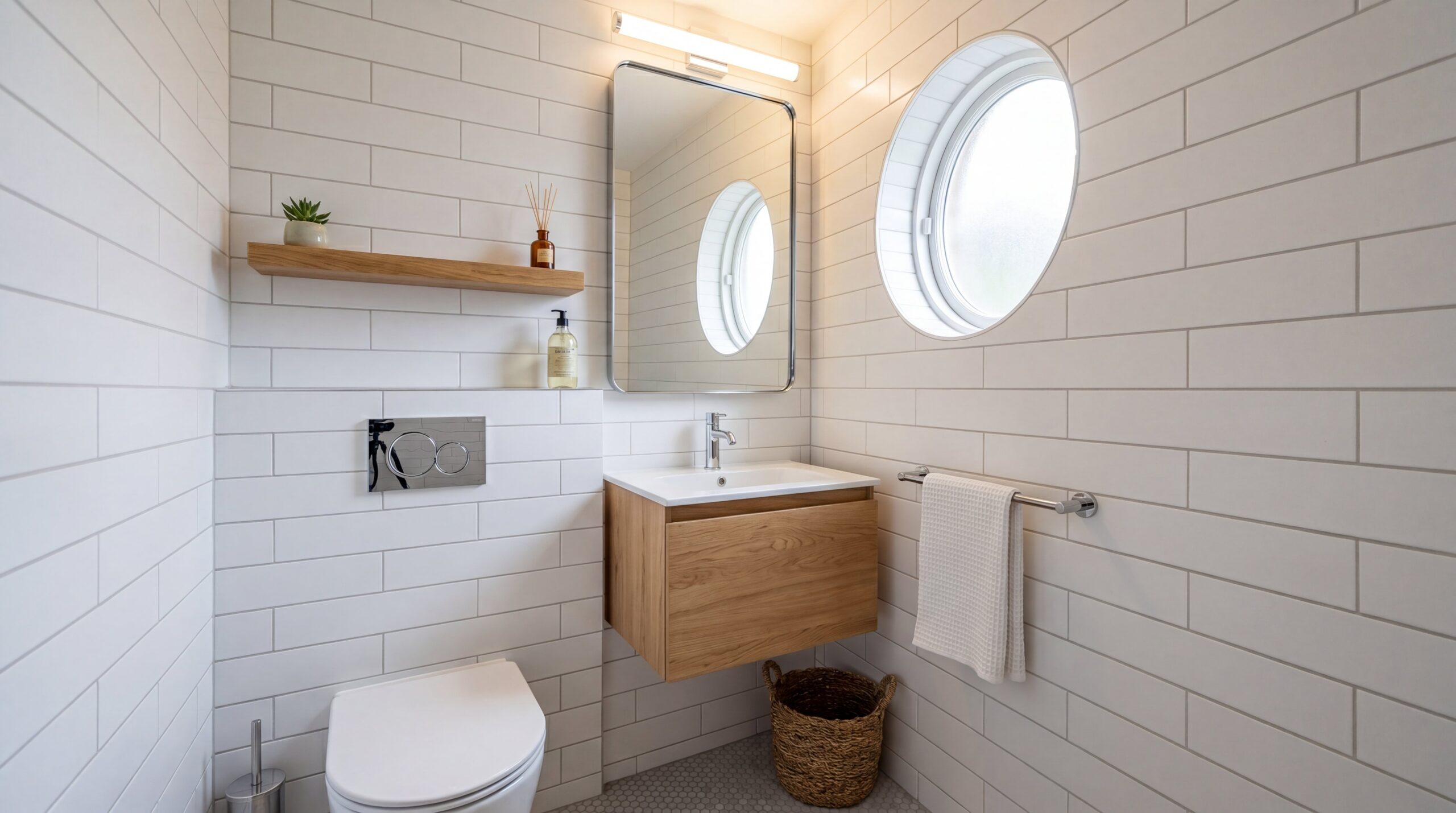 Small minimalist bathroom with wall-mounted toilet, compact wall-hung vanity, large mirror, and efficient use of space