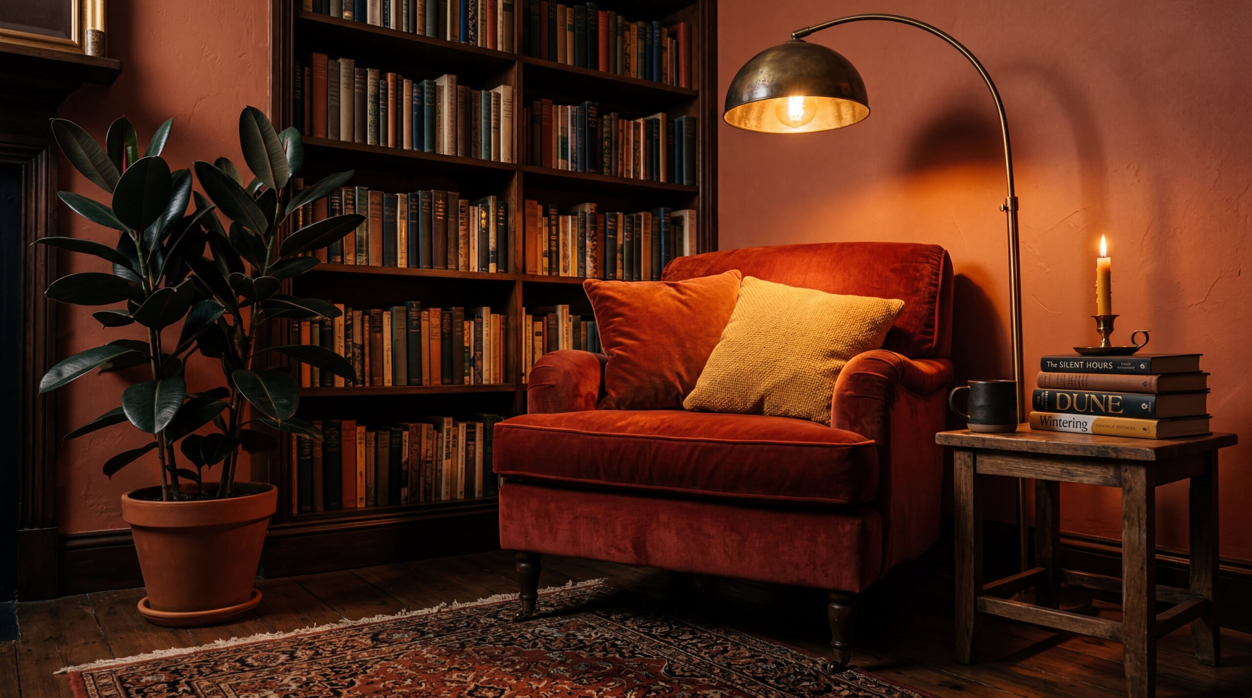 Low angle view of rust-red velvet armchair with vintage brass arc lamp creating warm spotlight effect in evening