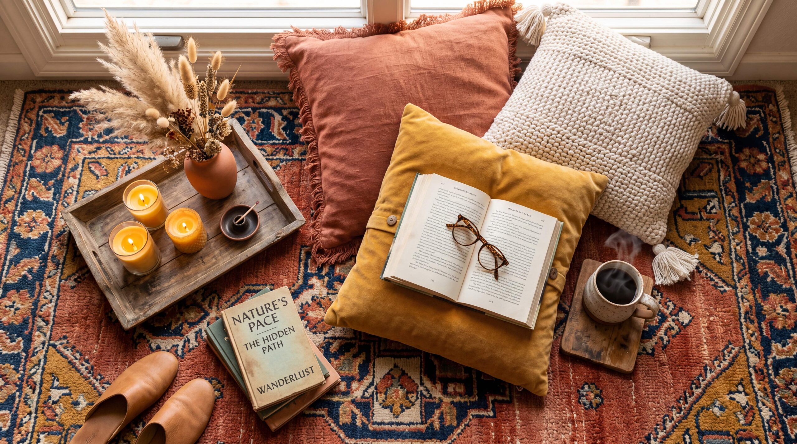 Overhead view of reading corner setup with open book, coffee cup, cushions, and patterned bohemian rug in warm terracotta tones