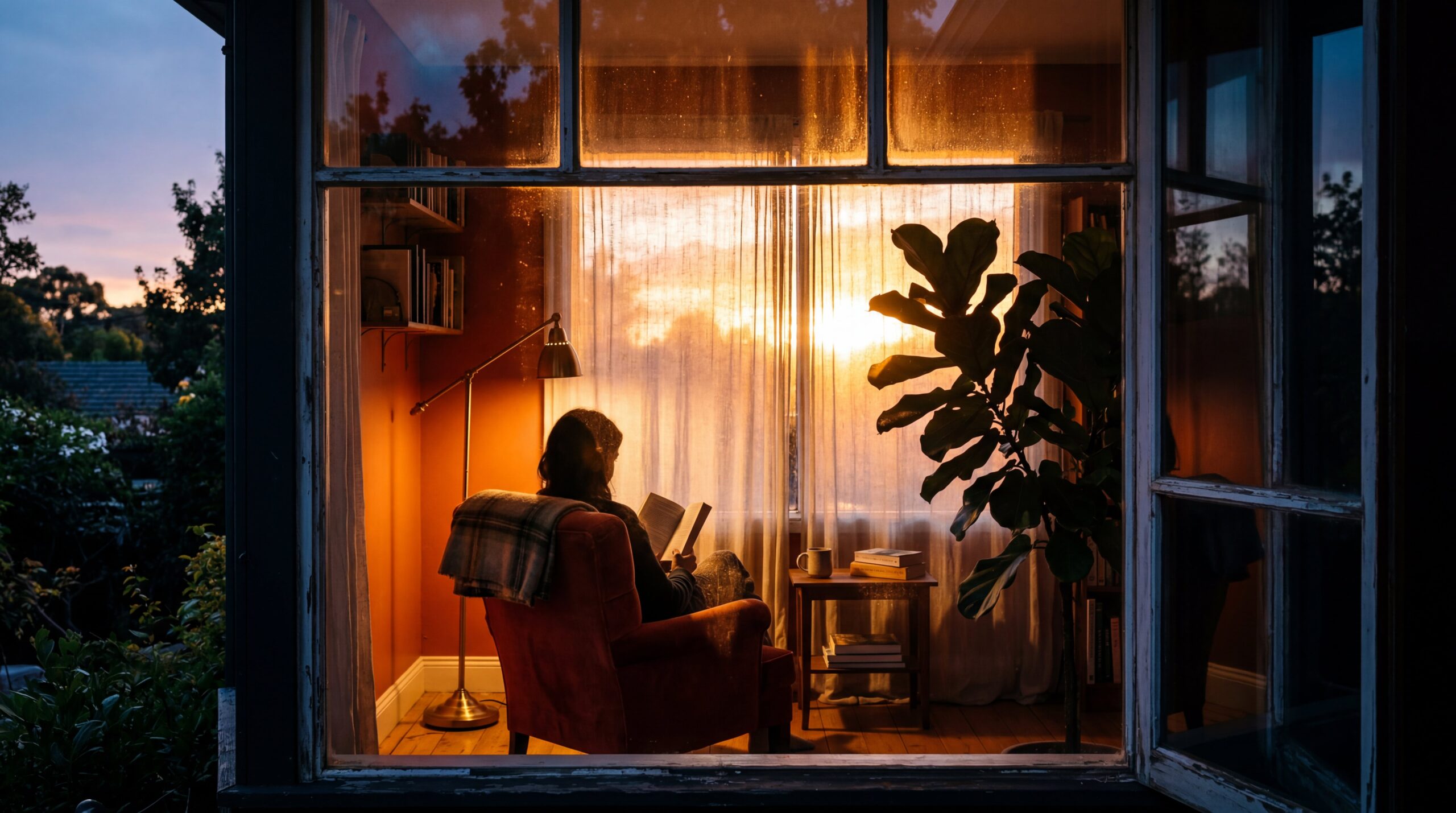 Backlit window view of reading corner at sunset with warm terracotta walls and golden light creating cozy atmosphere