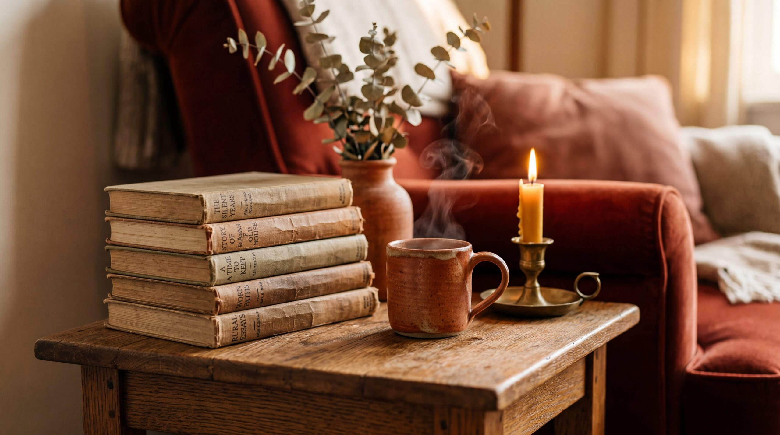 Close-up of wooden side table with stack of books, ceramic coffee mug, small terracotta vase with dried flowers, warm evening light