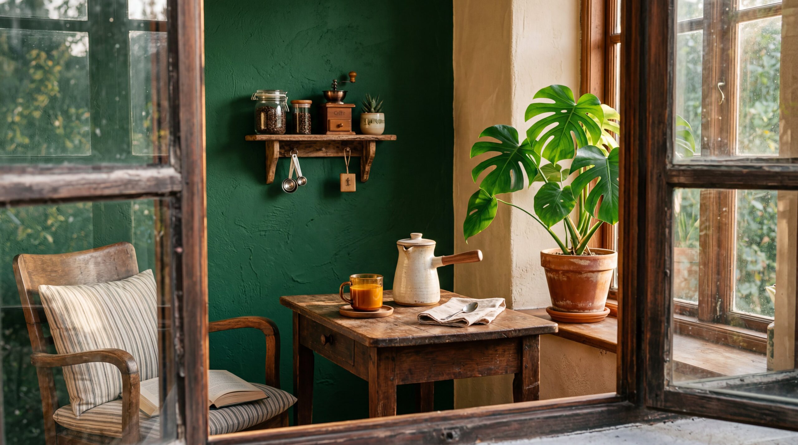 Window view of cozy coffee corner with forest green walls, wooden table, ceramic coffee pot, plants, and warm morning sunlight streaming through