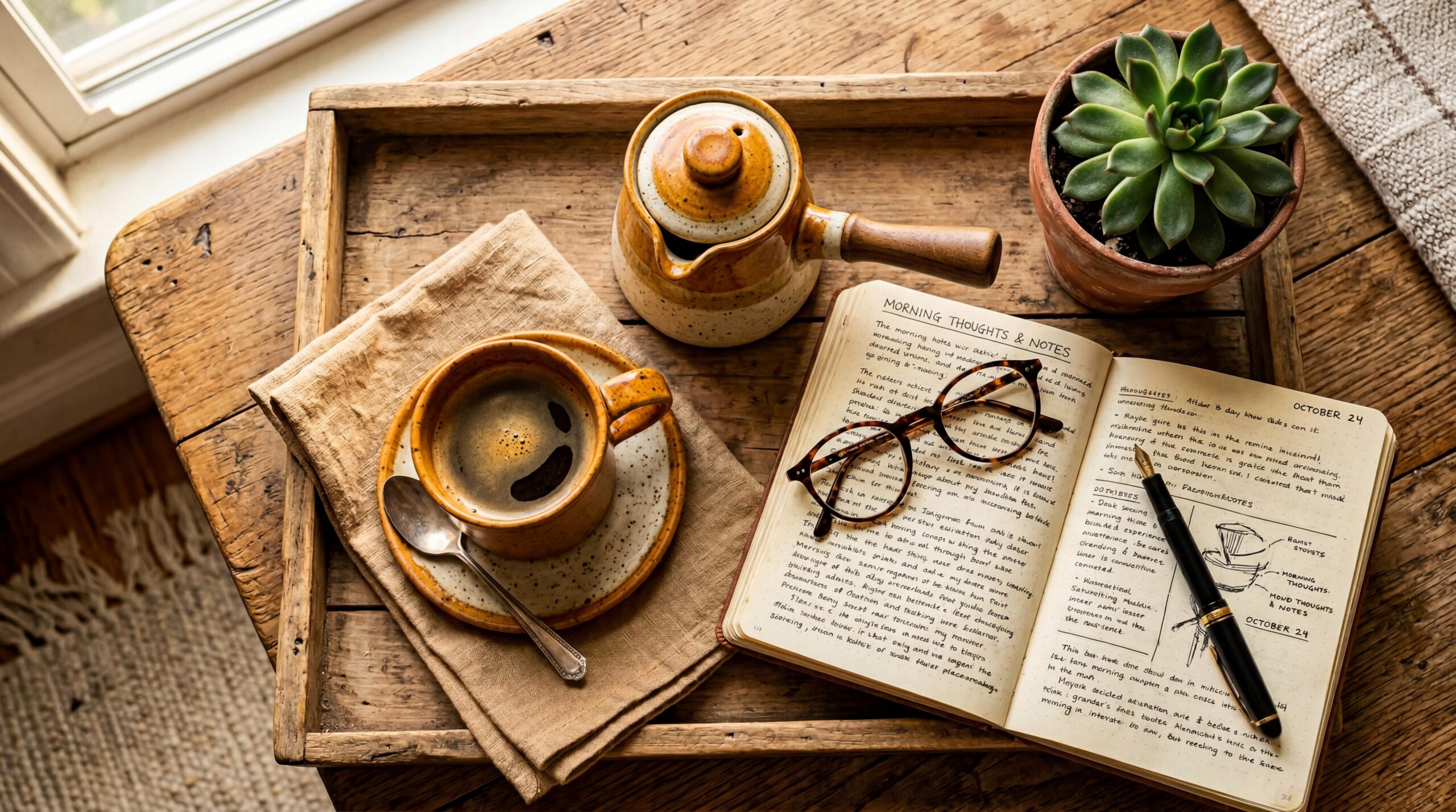 Overhead view of morning coffee ritual essentials: ceramic mug, coffee pot, open journal, reading glasses, small plant on wooden tray