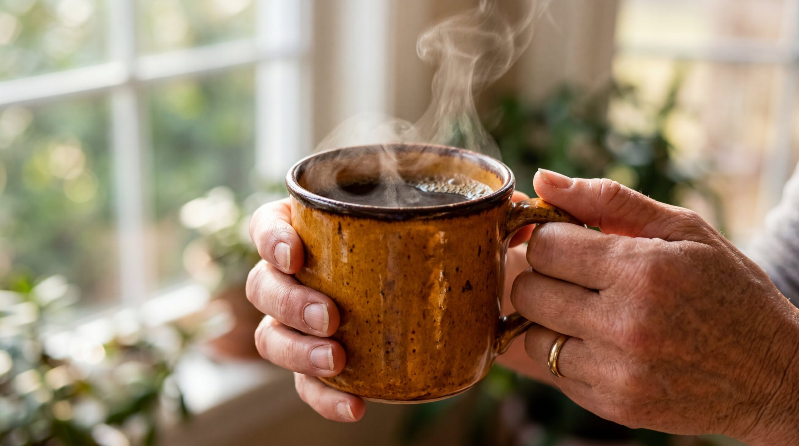 Close-up of hands holding warm ceramic coffee mug in amber glaze, steam rising, soft morning light, cozy atmosphere