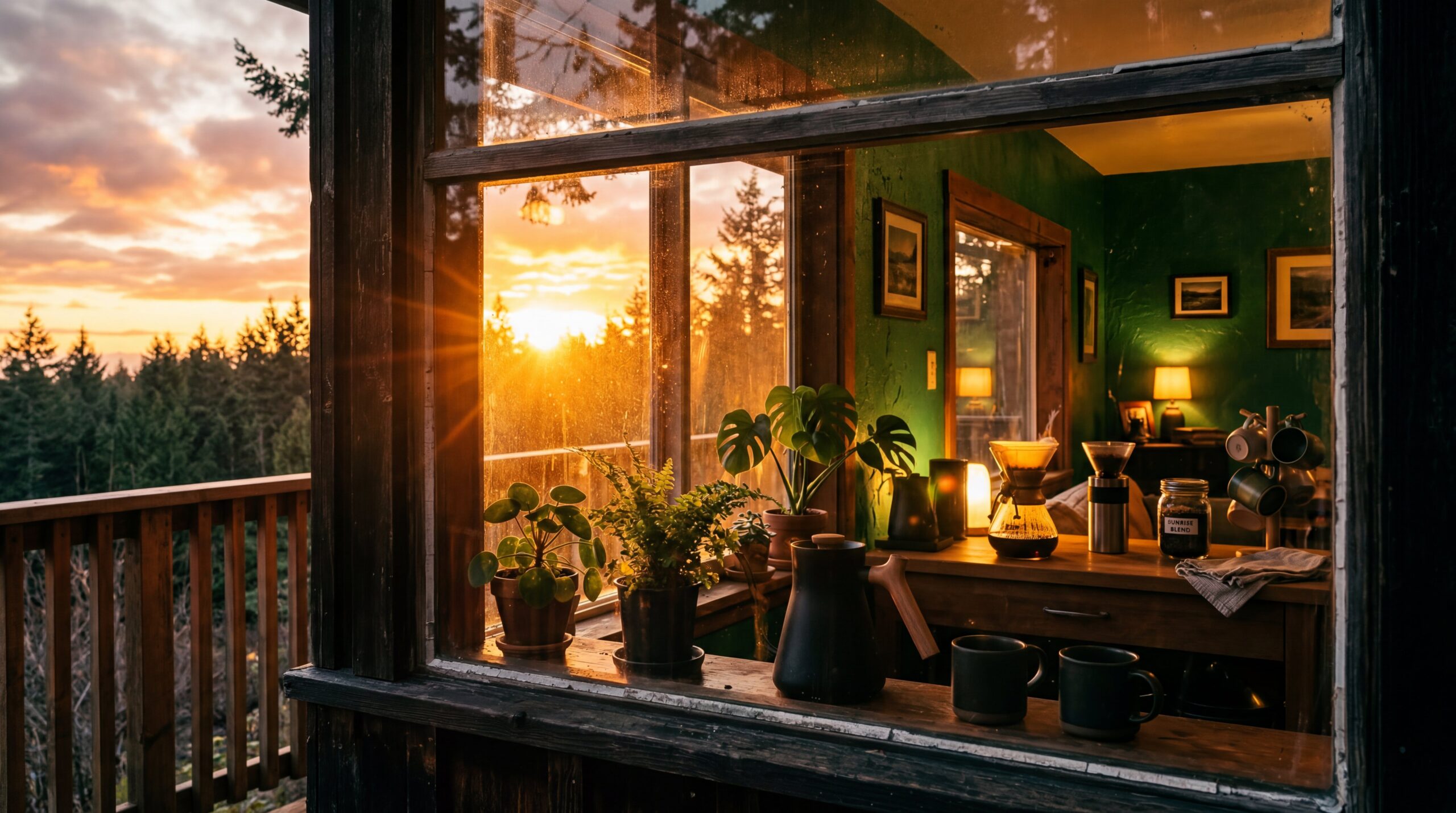 Backlit window view of coffee station at sunrise, golden hour light streaming through, silhouette of coffee pot and plants, warm amber glow