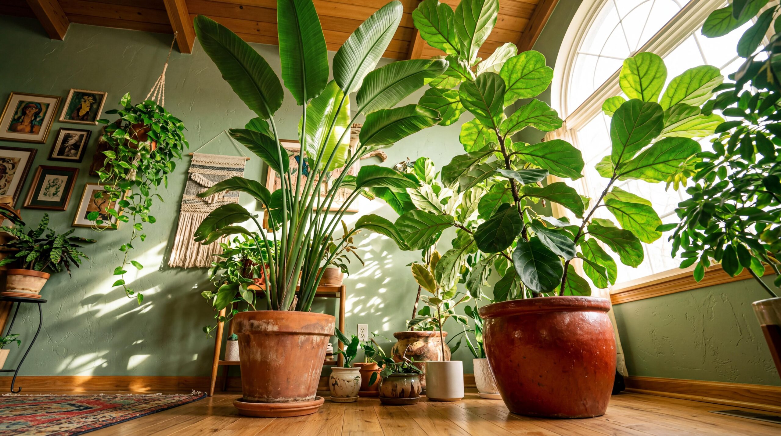 Low angle shot of tall indoor plants in terracotta pots against sage green wall
