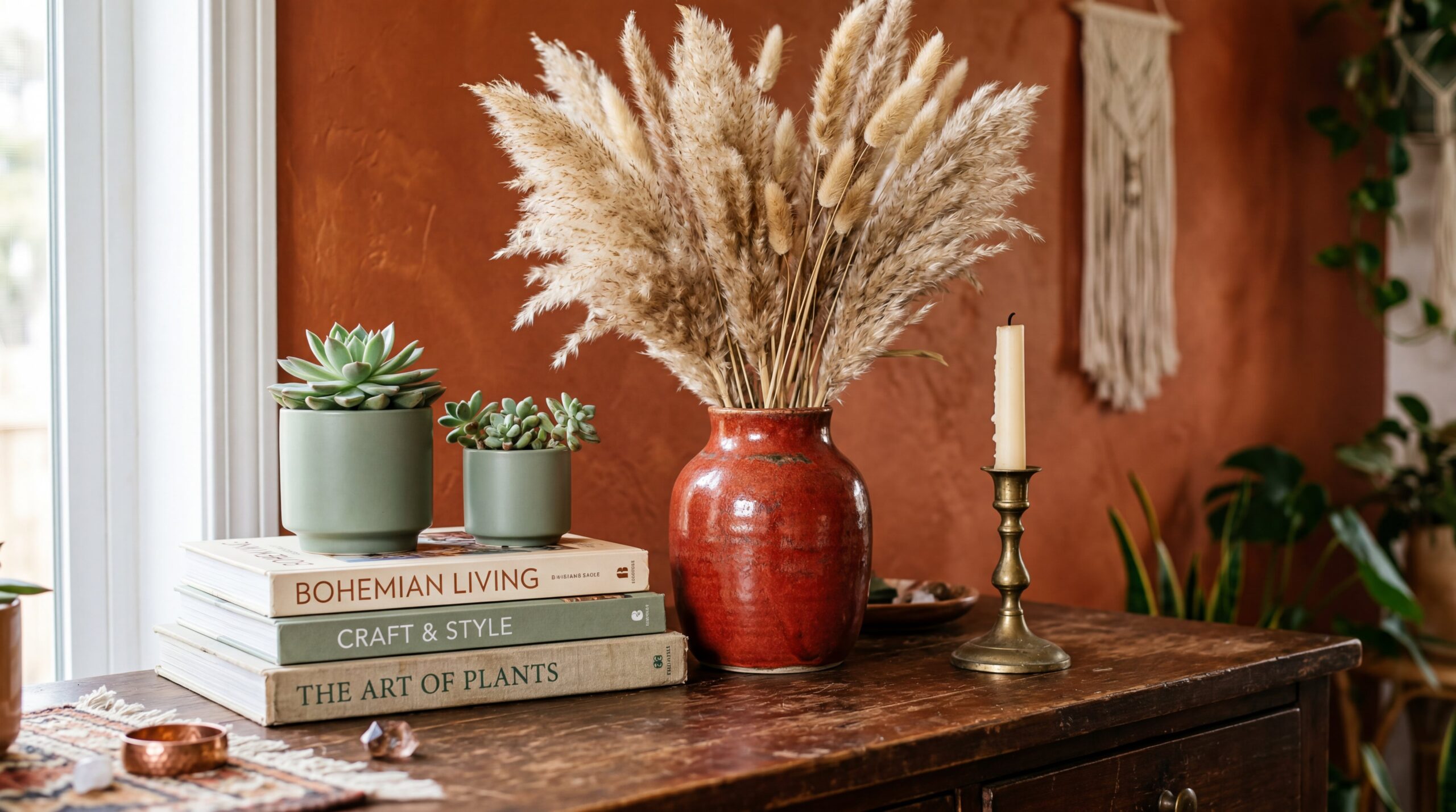 Close-up detail of plant styling on vintage console table with rust red ceramic vase and sage green planters