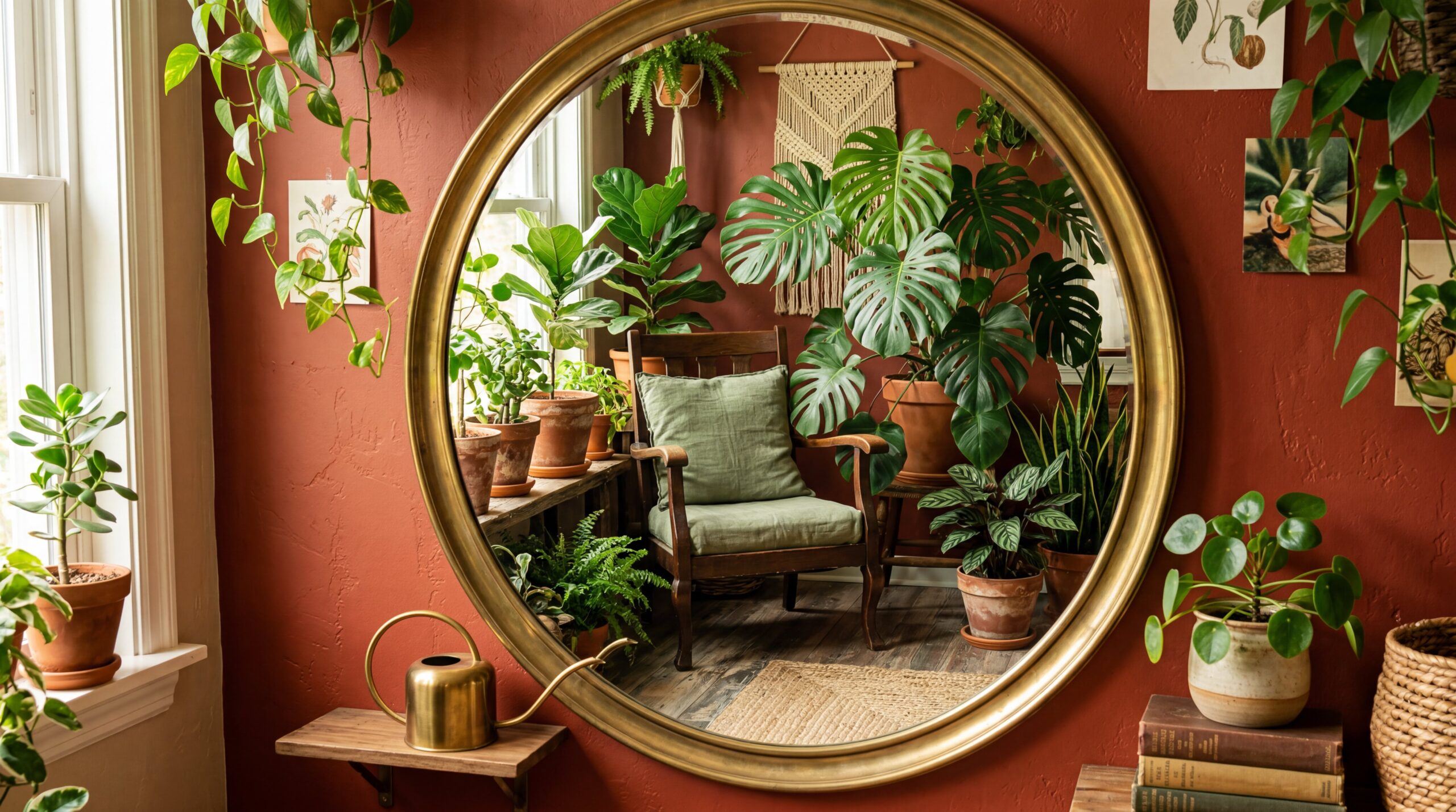 Mirror reflection view of plant-filled corner with brass mirror and vintage furniture