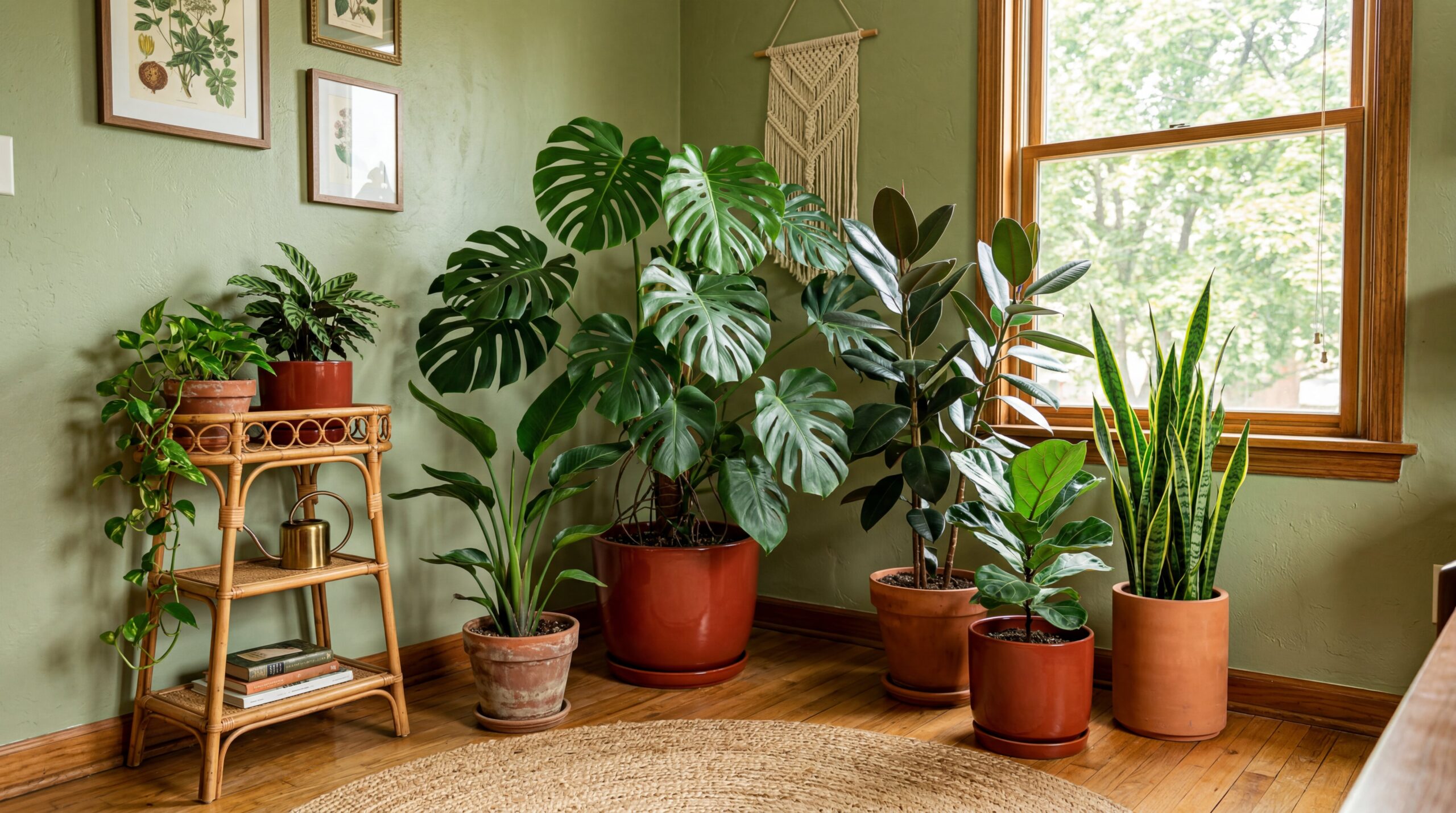 Wide view of indoor jungle corner with multiple plants in rust and terracotta pots on sage green walls