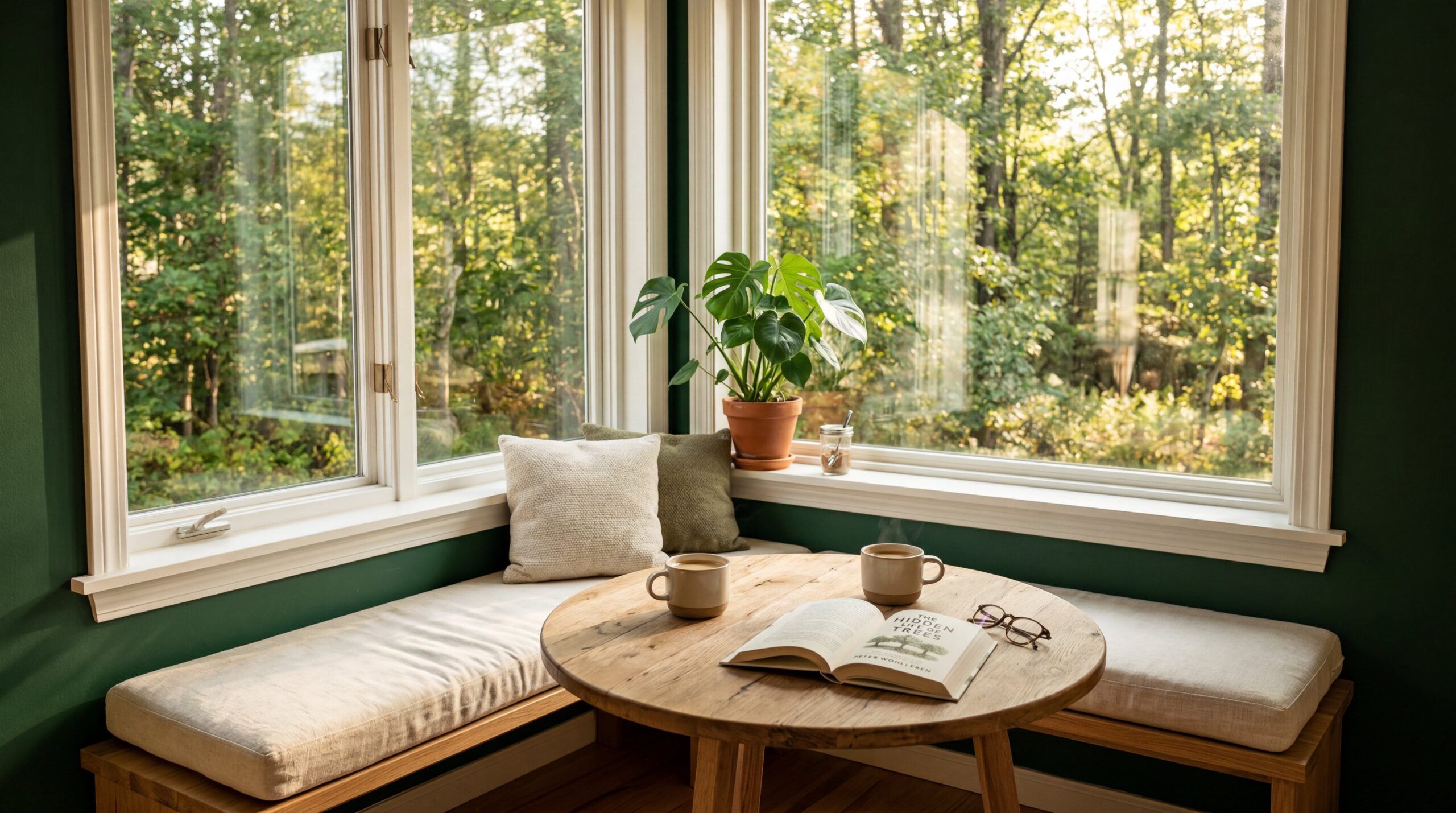 Morning sunlight streaming through window in breakfast nook with coffee cups on table