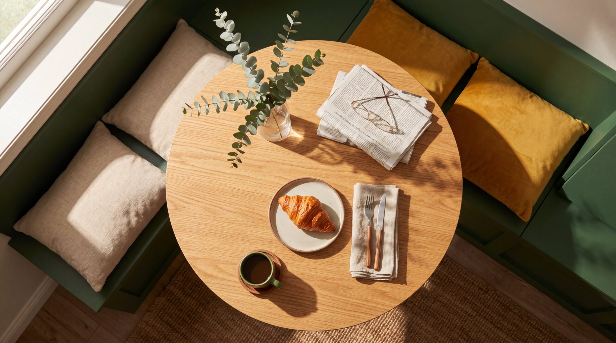 Overhead view of breakfast table with coffee, croissant, and morning styling