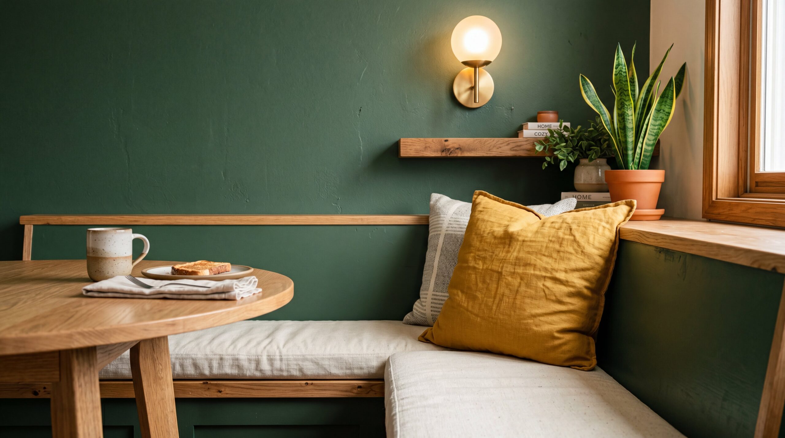Close-up of breakfast nook corner with cream cushion and mustard yellow pillow on forest green wall