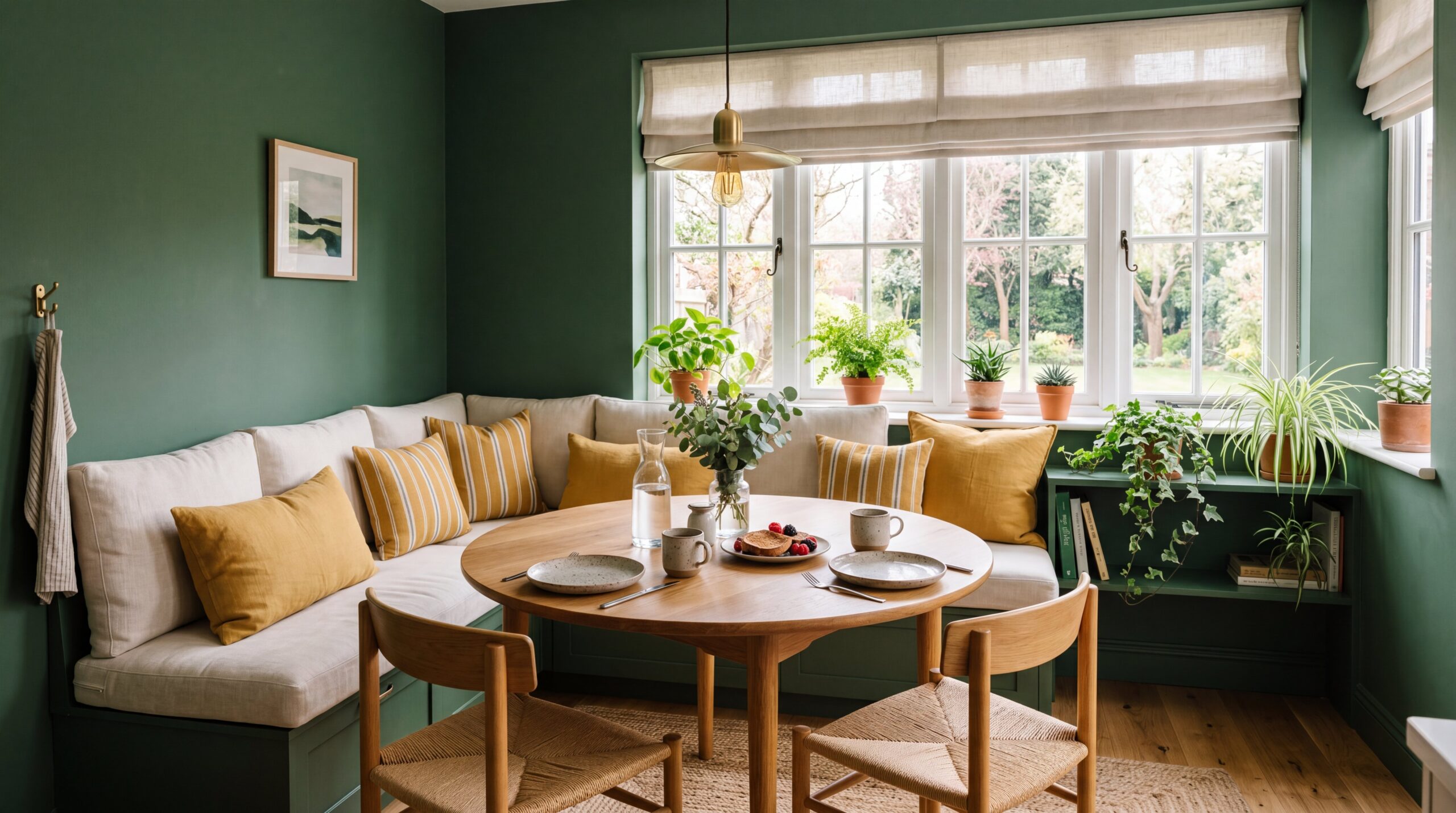 Wide view of complete breakfast nook with forest green walls and morning light