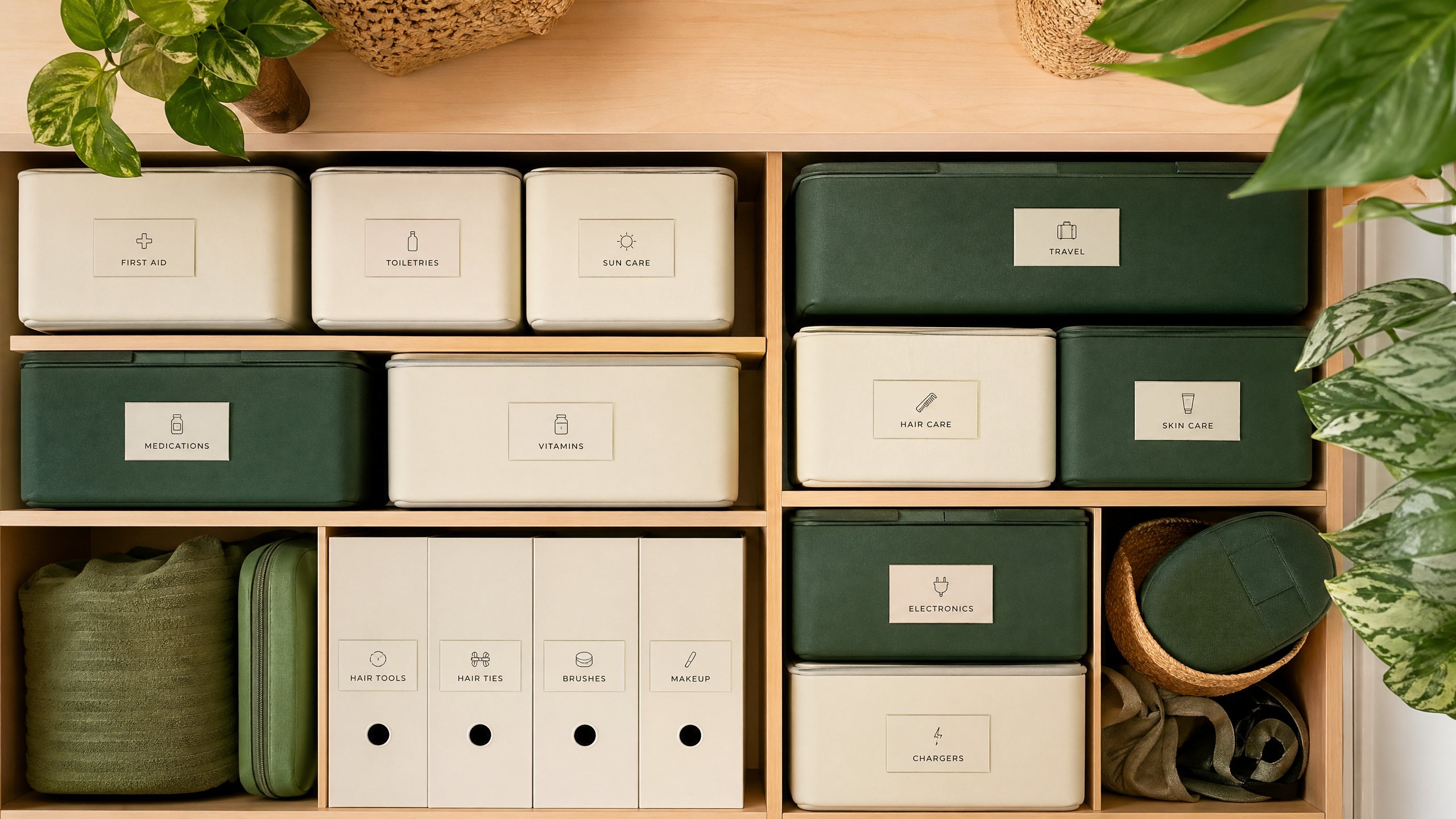 Overhead view of organized storage system with labeled boxes on wooden shelf