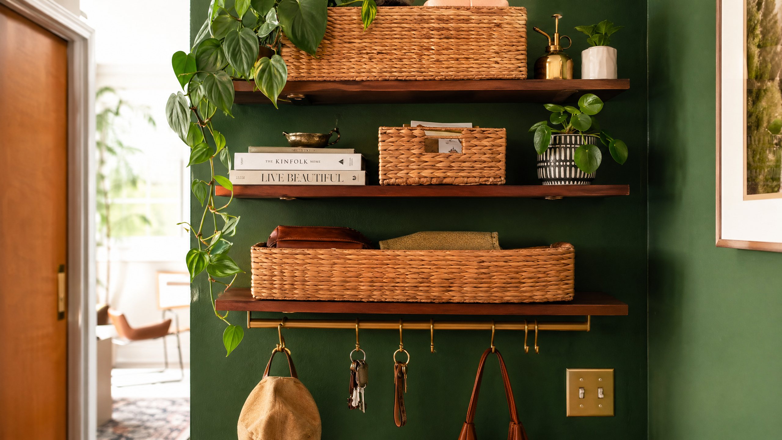 Close-up of vertical wall-mounted storage solution with floating shelves and organized items