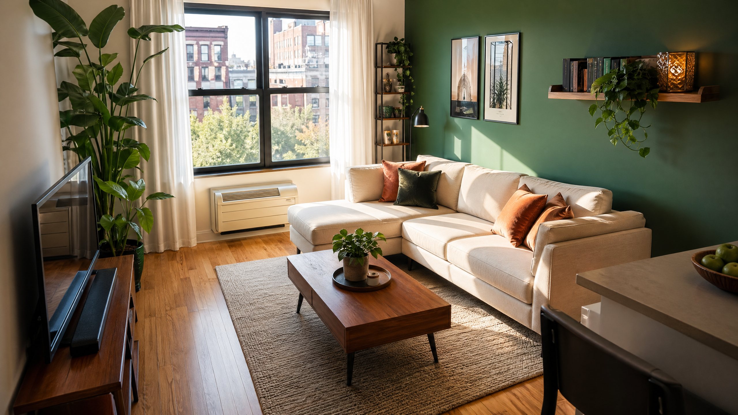 Wide angle view of organized small apartment living room with clean surfaces and minimal clutter