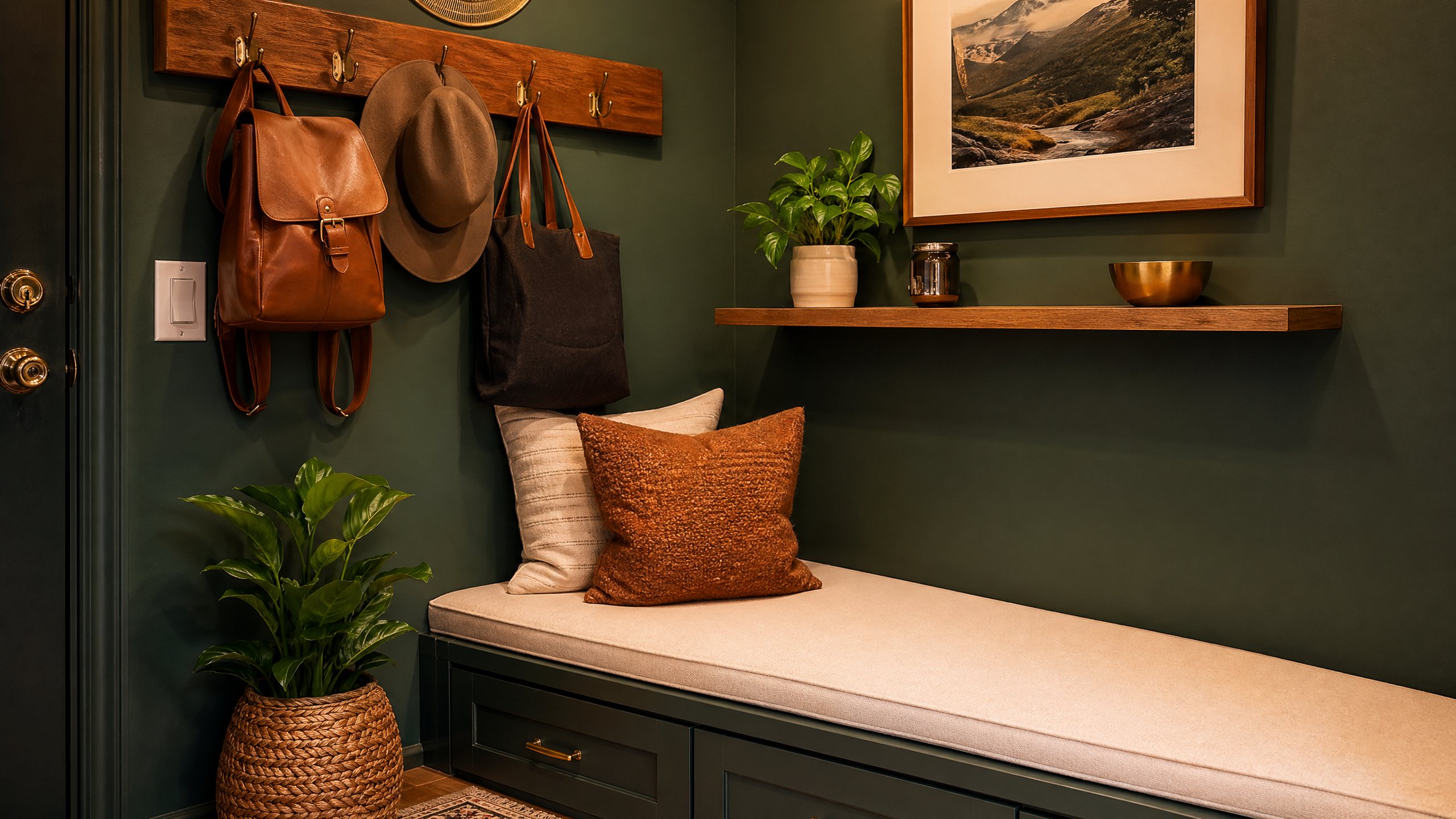Corner organization with built-in storage bench and wall-mounted hooks in small space