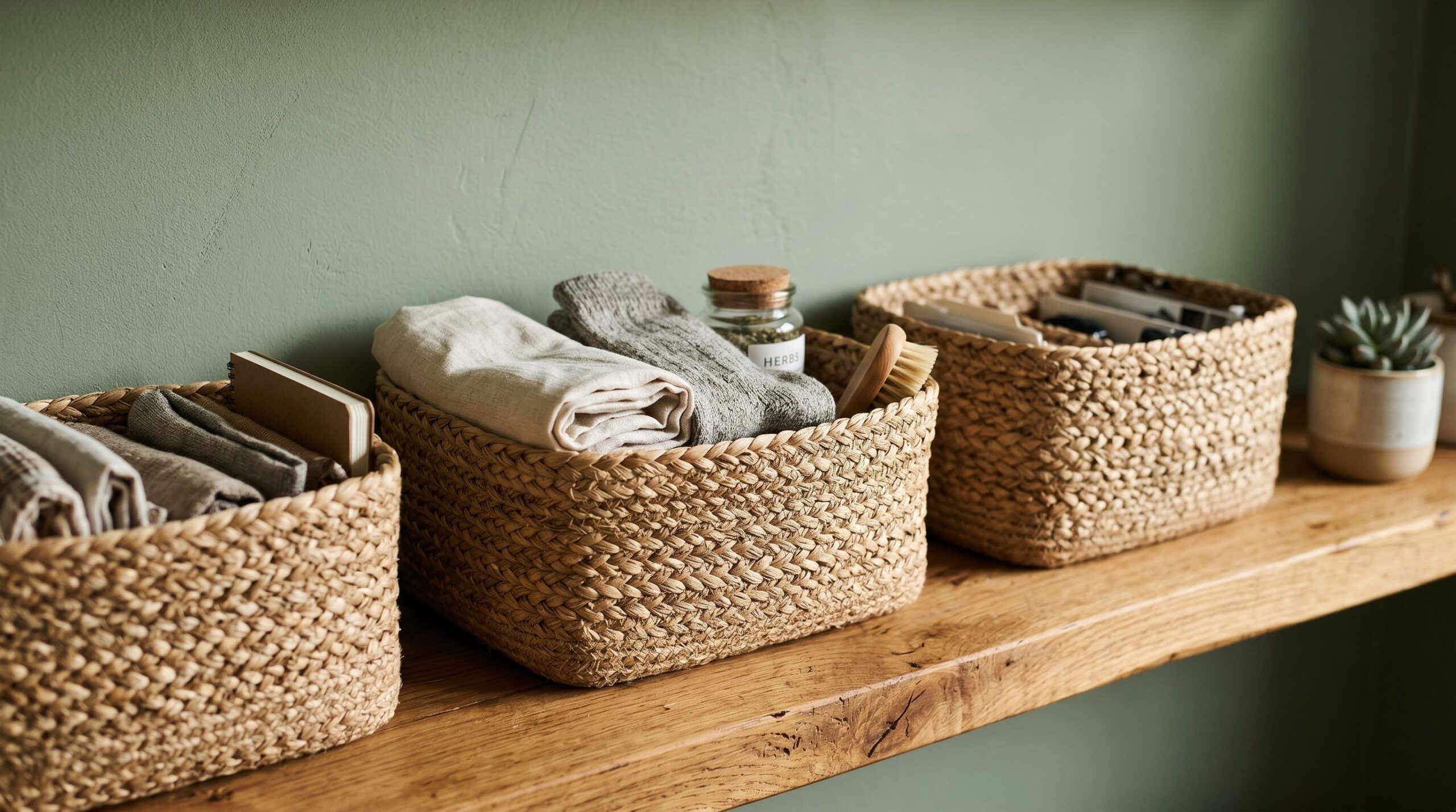 Close-up of minimalist storage solutions with woven baskets