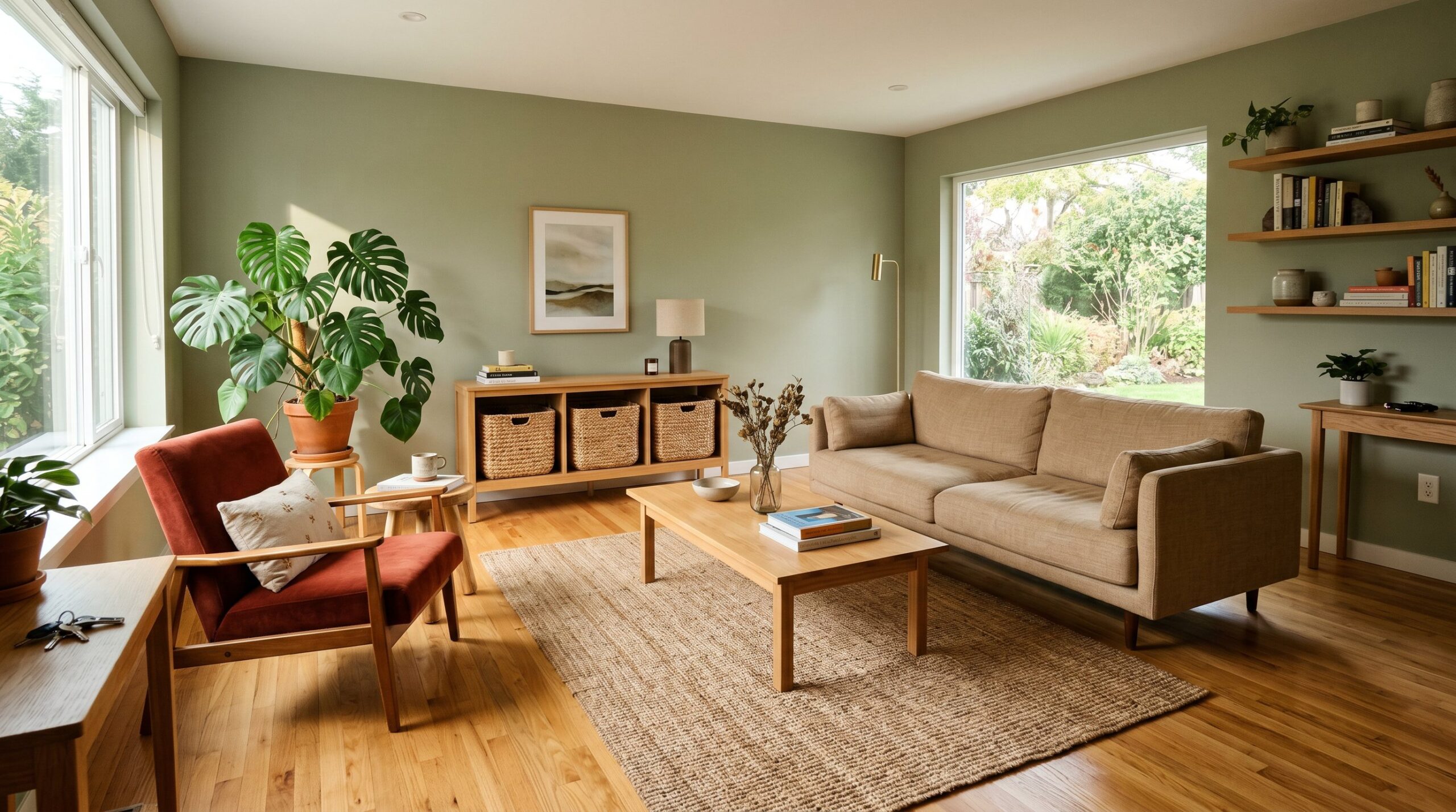 Wide view of organized minimalist living room with warm tones